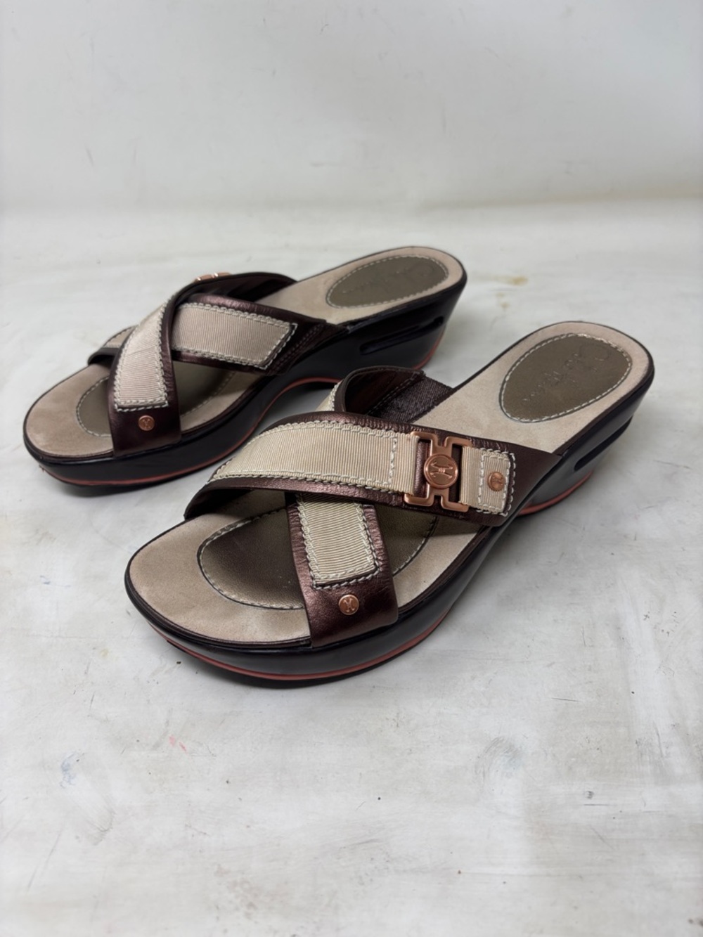 Cole Haan Beige and Brown Slide Sandals with Gold Hardware